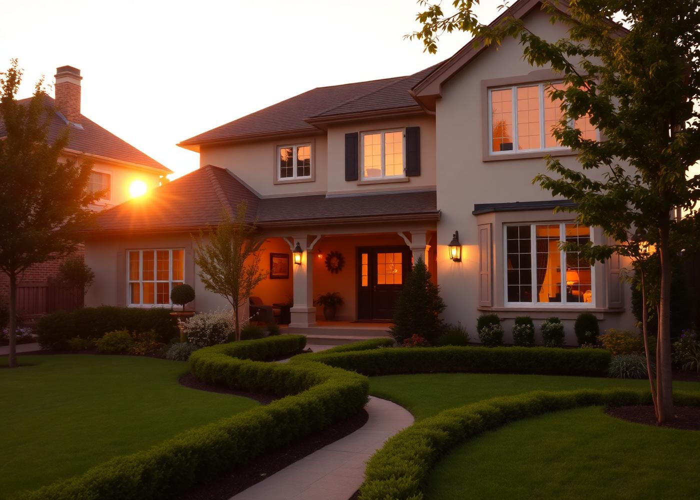 Welcoming family home at golden hour